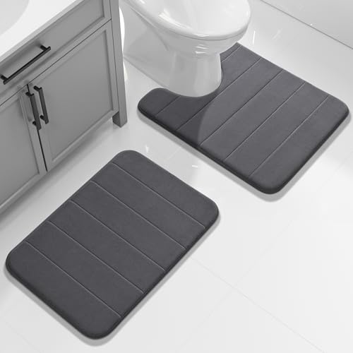 Yimobra U-Shaped Toilet Bath Mat Set 2 Piece - Soft Absorbent Quick Dry Memory Foam Bathroom Rugs, Machine Washable Non Slip Floor Carpet for Tub Shower & Single Sink (17x24 & 24x20, Dark Gray) - color: Dark Gray, size: 24x17+24x20 Inch