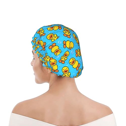 Yellow Rubber Duck Shower Cap For Women Adjustable Double Waterproof Layers Bathing Shower Hat Hair Protection Reusable Ladies Spa Salon Shower Hat - color: Rubber Duck