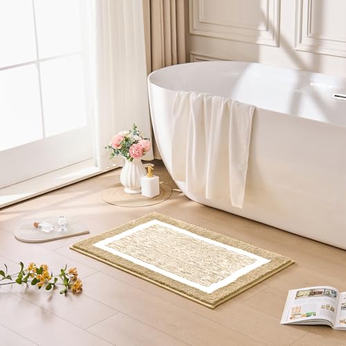 CozeCube Bath mats for Bathroom Non Slip, Fluffy Absorbent Microfiber Bath mat Washable, Aesthetic Bathroom Rugs, Small Beige Bath mat, Beige, 24" x 16" - color: A-beige, size: 2' x 1'4" (Rectangular)
