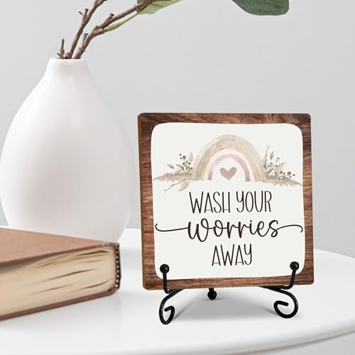 5" Bathroom Decor, Wash Your Worries Away Sign,Boho Bathroom Laundry Room Decor, Guest Bathroom Decoration, Farmhouse Home Toilet Bathroom Plaque Sign Table Shelf Decor-A06 - color: Wash Your Worries-06