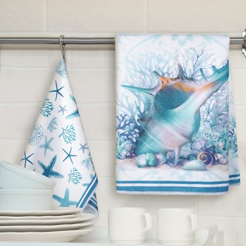 Boyiee Set of 6 Beach Kitchen Towels Coastal Ocean Dish Towels Sea Nautical Tea Towels Absorbent 24 x 16 Inches Shell Coral Starfish Hand Towels Summer Gifts for Farmhouse Kitchen Bathroom Decorations - color: Ocean