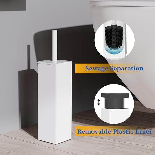 RUACQ Toilet Brush and Holder Set,Square Toilet Bowl Brush for Bathroom with 304 Stainless Steel Handle Toilet Cleaner Brush with Durable Scrubbing Bristles,Splash-Proof (White) - color: White, size: 1 pack