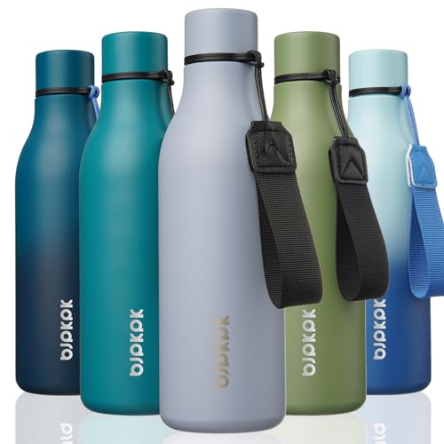 BJPKPK Insulated Water Bottles, 18 oz Stainless Steel Metal Water Bottle with Strap, BPA Free Leak Proof Jugs, Mugs, Flasks, Reusable Thermal Flasks for Sports & Travel, Mist Grey - color: Mist Grey, size: 18 Ounces, style: 18oz