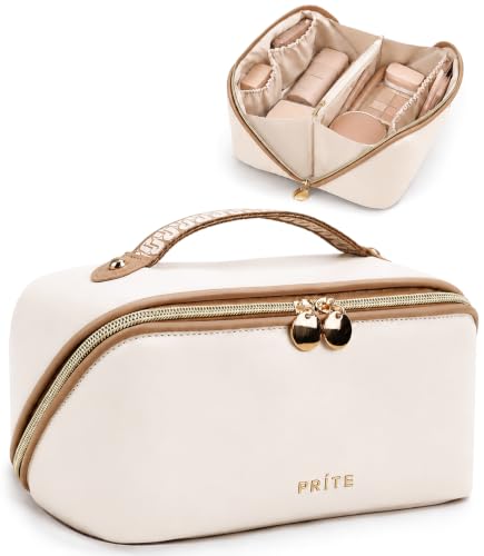 Prite Makeup Bag for Women Travel Waterproof Vegan Leather Cosmetic Bag Open Flat Toiletry Bag With Clear Divider and Handle (Beige, Medium) - color: Beige, size: Medium
