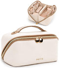 Prite Makeup Bag for Women Travel Waterproof Vegan Leather Cosmetic Bag Open Flat Toiletry Bag With Clear Divider and Handle (Beige, Medium) - color: Beige, size: Medium