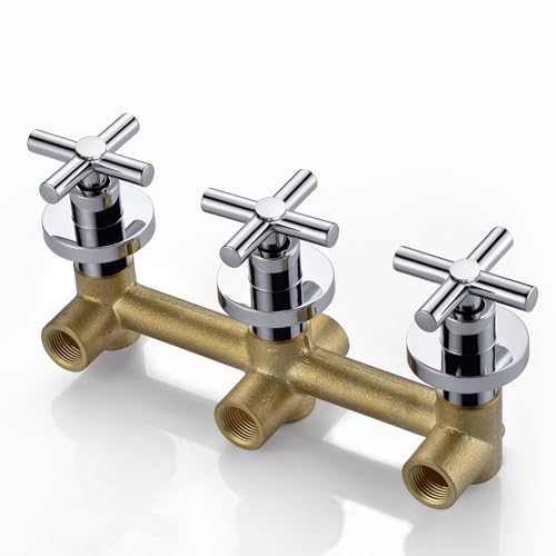 SUMERAIN 3 Handle Shower and Tub Faucet Set, Chrome | Wall Mounted, Waterfall Tub Spout, 8" Rain Shower Head, Brass Rough-in Valve, Cross Handle - color: Chrome