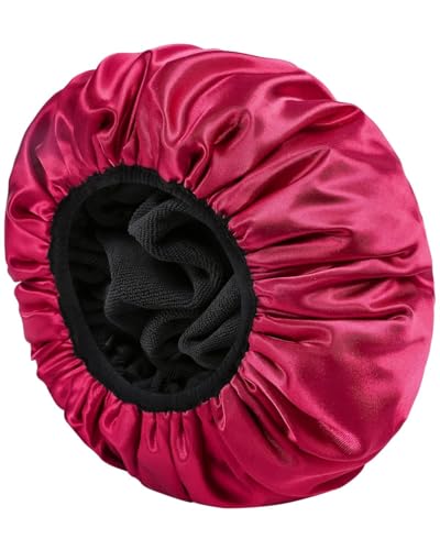 YIZIJIZI Triple Layer Reusable Waterproof Shower Cap for Women Large Terry Lined Hair Cap for Long Thick Hair Travel Bath Care Red - color: Red