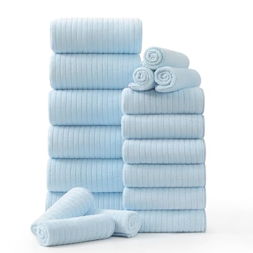 Hailea 18 Piece Family Bath Towel Set Include 6 Bath Towels,6 Hand Towels and 6 Washcloths Soft Bathroom Towel with Hanging Loops,Highly Absorbent Quick Dry Towels Set for Bathroom,Hotel and Spa-Blue - color: Blue, size: 18-Piece Set
