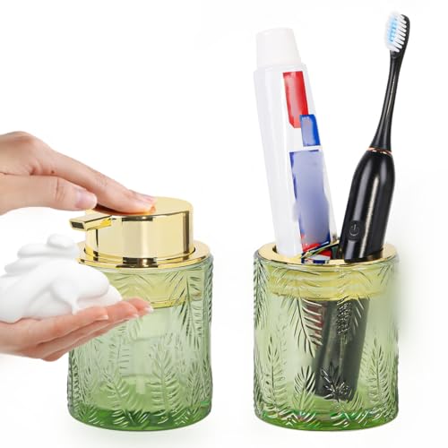 2pcs Glass Bathroom Accessories, Green Bathroom Set, Toothbrush Holder and Soap Dispenser, Gold Soap and Toothbrush Holder Set for Vanity Countertop Decor