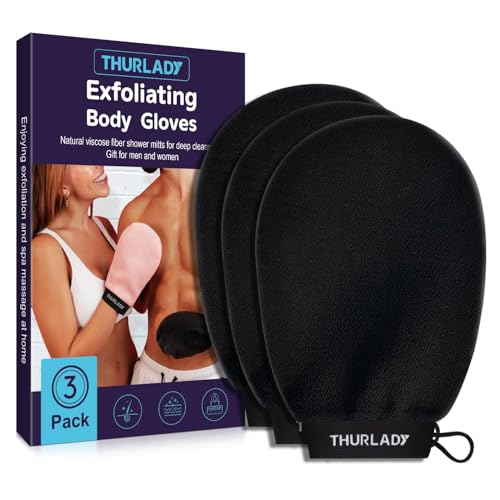 Exfoliating Glove, Korean Exfoliating Mitt, Body Scrub, 3ct | Viscose Fiber Bath Scrubber for Deep Exfoliation, Removes Dead Skin & Preps Skin for Self-Tanning, Leaving Skin Smooth - color: Black Black Black