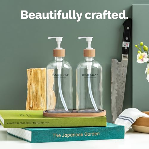 Vine Creations Clear Glass Soap Dispenser Set, Hand Soap and Dish Soap Dispenser Set with Bamboo Tray, 16 oz Glass Dispensers Bottle for Kitchen and Bathroom Decor Modern Boho with Bamboo Pump (Clear) - color: Clear