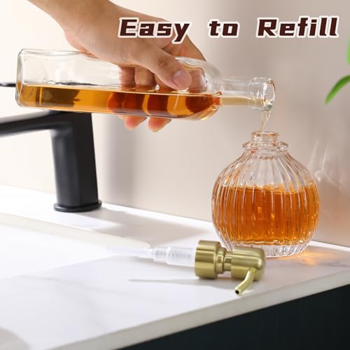 Round Bathroom Soap Dispenser Gold Pump, Glass Bottle with Stainless Steel Pump Liquid Soap Dispenser Sphere Counterto Hand Kitchen - color: Gold, size: 11oz-Round