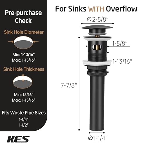 KES Bathroom Sink Drain with Overflow, Matte Black Pop Up Drain 2 Pack for Vanity Vessel Sink, All Metal Bathroom Sink Stopper, T304 Stainless Steel and Brass, S2008A-BK-P2-KES - color: Matte Black, style: With Overflow, 2 Pack