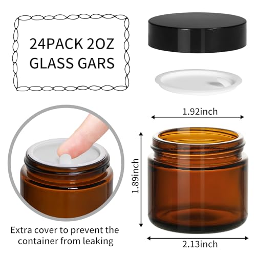 KEYWING 2 oz Amber Glass Jars with Black Lids, 24 Pack Small Cosmetic Jars, Round Empty Sample Container with Inner Liners for Lotions, Cream, Powders and Ointments - color: Amber, size: 2oz-24Pack