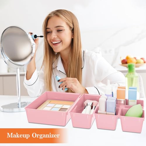 SpaceHacks 25 PCS Plastic Drawer Organizer Set, 4-Size Versatile Organizer Trays & storage Bins for Makeup, Jewelry, and Gadgets in Bathroom, Bedroom and Office, Pink - color: Pink