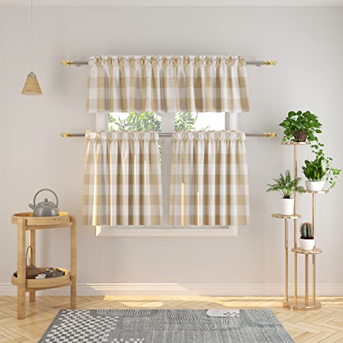 3 Pc Cotton Classic Country Farmhouse Kitchen Window Curtain -Beige & White Buffalo Check Tier & Valance Set, 54" x 18" / 27" x 36" - color: Plaids Beige&white, size: 27"W x 36"L (Pack of 3)