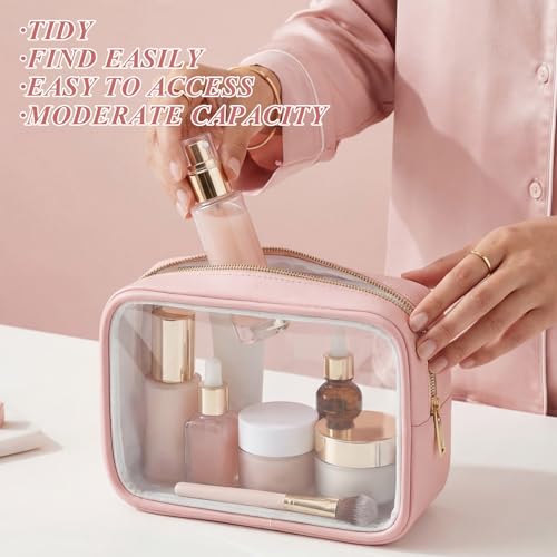 Abbylike 6 Pcs Clear Makeup Bags Bulk PU Leather Cosmetic Pouches Transparent Toiletry Bags with Zipper Waterproof Purse Skincare Car Organizer for Girl Women Travel Gifts(Nude Pink) - color: Nude Pink