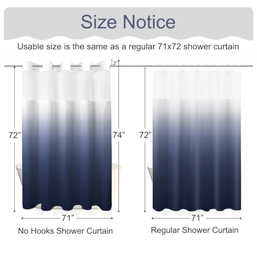 No Hook Shower Curtain with Snap in Liner, Ombre Navy Blue Shower Curtains and Liner Set, Hotel Fabric Bath Curtain for Bathroom, Mesh Top Window Waterproof Washable, 71" x 74" - color: Ombre Blue, size: 71"W x 74"L (Pack of 1)