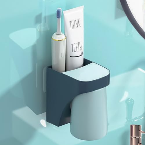 Blue Magnetic Cup Holder for Bathroom, sgzscl Toothbrush Wall Mounted Toothpaste Storage Drain Drill-Free Space Saving Organizer for Family Members - color: Deepsea Blue