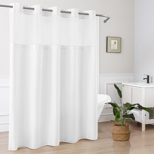 Mrs Awesome No Hook Shower Curtain with Snap-in Liner Less Time On/Off, Embossed Waffle-Look Textured Fabric Shower Curtain for Bathroom Hotel Style, Washable, Soft & Lightweight, 71x74, White - color: White, size: 71"W x 74"L (Pack of 1)