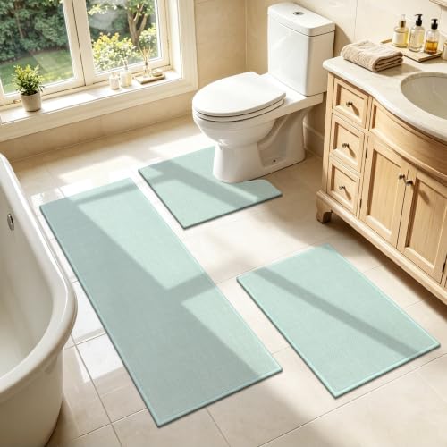 SHACOS 3 Piece Bath Mats Toilet Rug U-Shaped, No Slip Rubber Bath Rugs for Bathroom Toilet, Ultra Thin Bathroom Rugs Washable Quick Dry Absorbent Bathroom Mat (17"x24"+20"x32"+ U-20"x24") - color: Light Green, size: 17"x24"+20"x32"+U20"x24"
