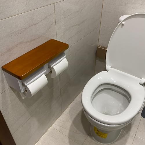 White Double Toilet Paper Holder with Wooden, White Wall Mounted Toilet Paper Holder with Wood Shelf, Bamboo Toilet Paper Holder with Phone Shelf - color: Wood Brown&white, size: Full