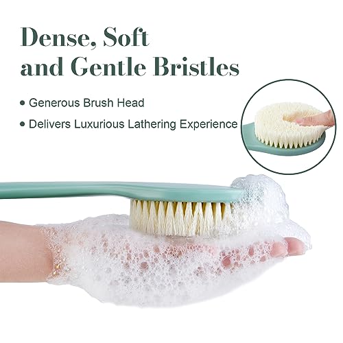 Back Scrubber for Shower, Shower Body Brush for Cleaning with Long Handle for Showering, 17 Inch Back Washer Exfoliator for Shower Men Women with Non-Slip Handle, Adhesive Hook (Pea Green) - size: Pea Green - Artificial Bristles
