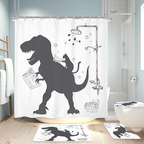 4PCS Dinosaur 71Wx71H Inches Funny Cute Kids Boys Animal Shower Curtain Sets with Rugs, Toilet Lid Cover and Bath Mat, Silhouette Shadow Bath Accessories Art Home Decor Fabric 12 Pack Hooks - color: A3-dinosaur Cat