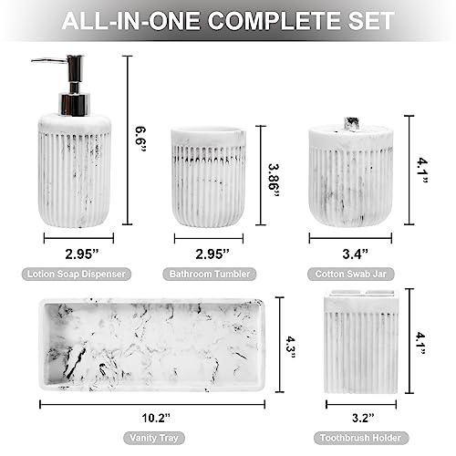 XLHOMO Resin White Marble Bathroom Accessories Set 5 Pcs, Lotion Soap Dispenser, Toothbrush Holder, Bathroom Tumbler, Qtip Holder and Vanity Tray, Bathroom Countertop Organizer Set for Home Apartment - color: Marble White, size: Resin Bath Set