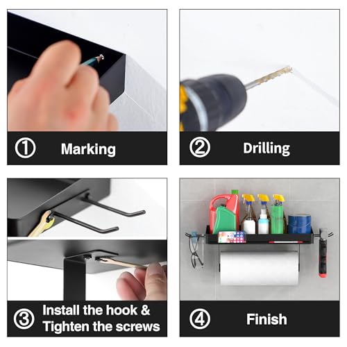 YIGII Wall Mount Paper Towel Holder with Phone Stand, Garage Papertowel Holder with Shelf and 4 Extended Hooks, Heavy Duty Stainless Steel Paper Towel Rack for Garage & Tool Room, Black - color: Black