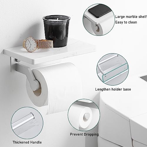 Hoimpro Brushed Silver Aluminum Toilet Paper Holder with White Natural Marble Shelf, Wall Mounted Tissue Hand Paper Roll Storage Holder for Bathroom Kitchen Washroom Bedroom - color: Silver