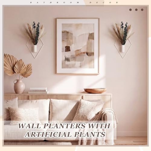 Jexine 4 Pcs Hanging Planters with Artificial Pampas Eucalyptus Metal Hanging Vase Indoor Plants Holder Modern Geometric Boho Bathroom Wall Decor for Living Room Home Office, Matte White - color: Matte White, size: Pampas, Eucalyptus