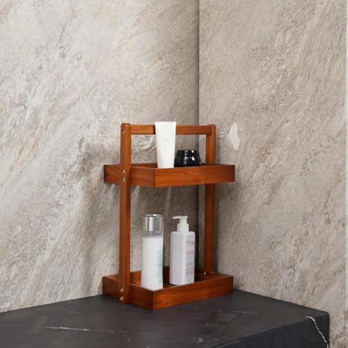 Utoplike Teak Wood Shower Caddy Corner, 2 Tier Bathroom Organizer Countertop, Standing Shower Rack with Handle, Stand Up Shower Basket for Shampoo, Shelf Rack for Inside Shower, Kitchen Desktop - color: 2 tier