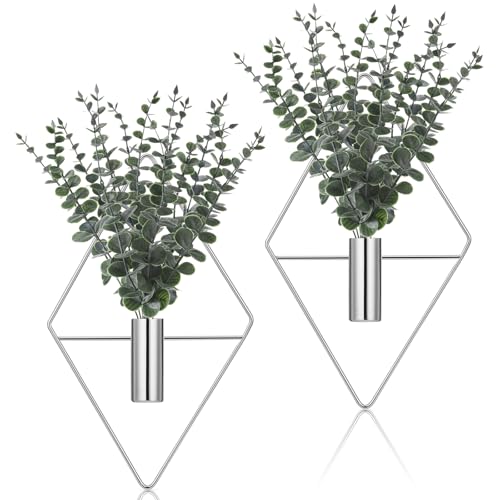 Jexine 4 Pcs Hanging Planters with Artificial Eucalyptus, Chrome Silver Wall Decor Metal Hanging Vase Indoor Plants Holder Modern Geometric Bathroom Decor for Living Room Home Office - color: Chrome Sliver, size: Eucalyptus