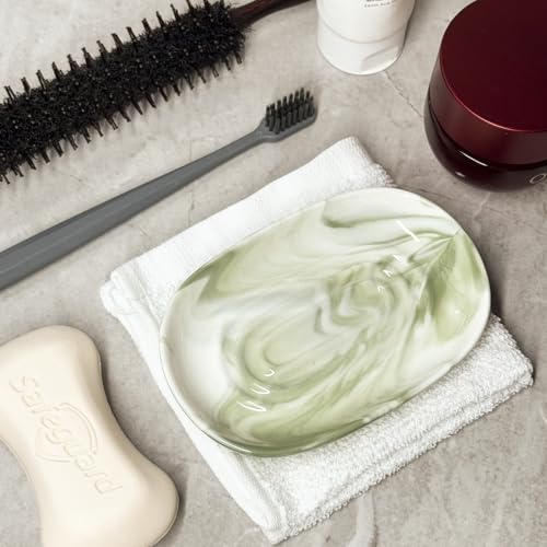 Ceramic Marble Pattern Soap Dish, Textured Raised Soap Saver Tray for Shower Bathroom Kitchen Sink Vanity, Easy to Clean Multi-Use Holder for Bar Soap Jewelry Rings Keys, Green (1 Pack) - color: Green
