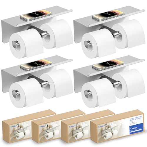 4 Pack Double Toilet Paper Holder with Shelf, Wall Mount Tissue Roll Holder for Bathroom, Heavy Duty 304 Stainless Steel Commercial Toilet Paper Dispenser with Phone Shelf - Brushed Nickel