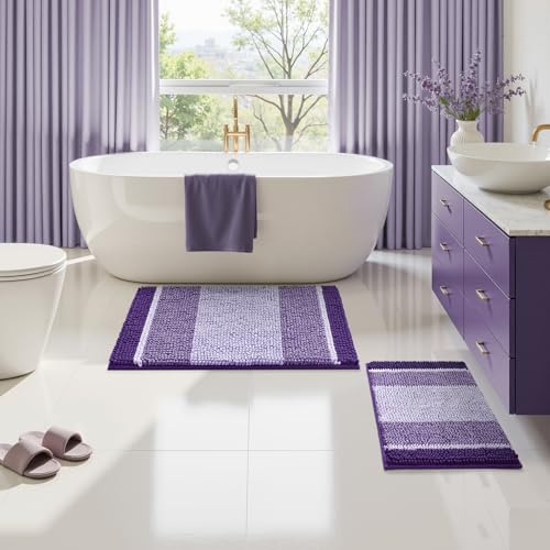 HOMEIDEAS Purple Bathroom Rugs Set of 2, Thick Absorbent Chenille Bath Mats, Non-Slip Soft Shaggy Rugs for Bathroom Floor, 20" x 32" Plus 17" x 24" - color: Purple