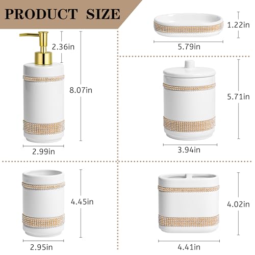 RQYIXI Bathroom Accessories Set with Diamonds 5 Pieces Toothbrush Holder Soap Dispenser Ceramic Bathroom Accessory Set Contain Cotton Swab Jar Toothbrush Cup Soap Dish Tumbler - color: White-set With Diamonds