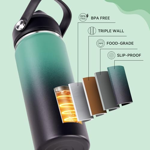 Fijinhom 18oz Insulated Stainless Steel Water Bottle, Wide Mouth Double Wall Vacuum, Silicone Straw, Sweat & Leak Proof, BPA Free Insulated Water Flask for Travel, Keep Cold 24h Hot 12h, Green & Black - color: Green & Black, size: 18 Ounces