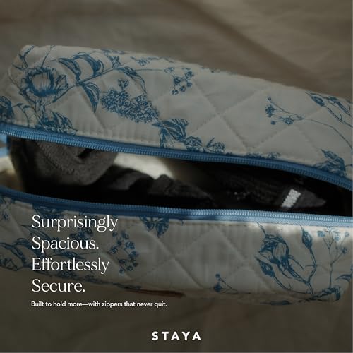 Staya Quilted Makeup Bag for Women – Cotton Travel Cosmetic & Toiletry Pouch, Small Aesthetic Organizer for Purse & Carry-On (Coastal Grandma) - color: Coastal Grandma