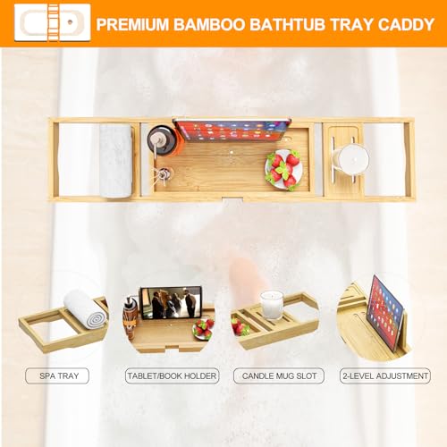 Premium Bathtub Tray - Expandable Bamboo Wooden Bath Trays for Bathub - Bath Tub Table Tray for Bathtub/Tub,Adjustable Size, Fits Most Tubs - color: Bamboo Wood Natural