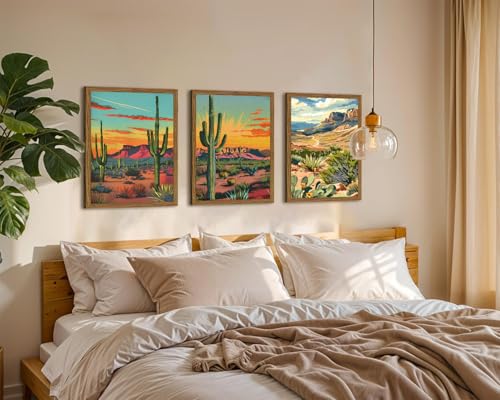 Framed Desert Landscape Wall Art Set of 3, Vintage Mexican Cactus Wall Decor Paintings, Boho Southwestern Mountain Plant Pictures Canvas Prints for Living Room Bedroom Bathroom Office 12x16 inch - color: Desert, size: 16"L x 12"W
