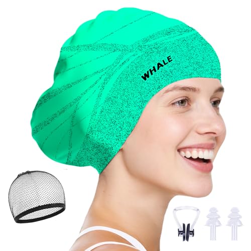 WHALE Extra Large Swim Cap Designed for Men and Women with Thick, Long Hair, Hair Extensions Or Afro-Textured Hair Long-Hair Swim Cap Highly Waterproof to Keep Hair Dry - color: Light green