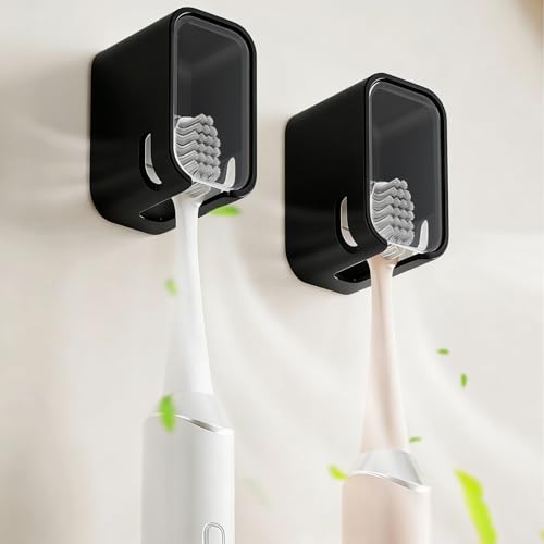 2 Pack Toothbrush Holders for Bathroom, Self Adhesive Wall Mounted Toothbrush Holder with Cover, Single Toothbrush Dispenser Storage Organizer for Family, Travel, Waterproof and Dustproof (Black) - color: Black