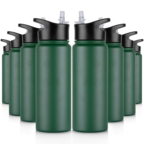 24 oz Insulated Water Bottle Bulk 8 Pack, Stainless Steel Sports Water Bottles with Straw Lid & Wide Mouth Lids, Double Walled Vacuum, Leak Proof, Dark Green - color: Dark Green, size: 24 Ounces-8