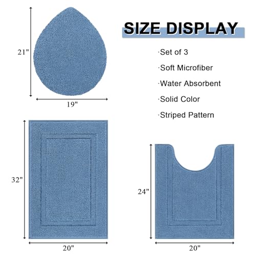 SHACOS Bathroom Rugs Sets 3 Piece with Toilet Lid Cover | 20"x32"Bath Mat and 20"x24" U-Shape Contoured Toilet Mat Machine Washable Shaggy Absorbent Bath Rugs(Blue) - color: Blue, size: 20"x32"+U-Shape 20"x24"+Lid Cover 19"x21"
