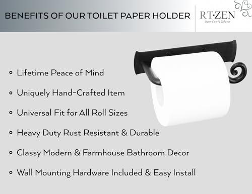 RTZEN Bathroom Toilet Paper Holder - Handcrafted Rustic Wrought Iron Wall Decor Toilet Roll Holder - Black Matte Wall Mount Bar for Modern Farmhouse Bathroom Decor - style: Stylish