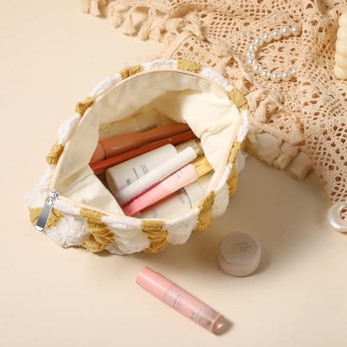 Bubble Cloud Makeup Bag - Large Capacity Travel Cosmetic Organizer | Puffy quilted design, smooth zipper, cute aesthetic makeup pouch, ideal for daily storage, travel, for women, girls - color: Yellow - White