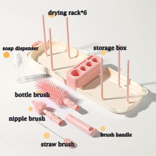 6 In1 Baby Bottle Brush Kit,Portable Silicone Bottle Brush Cleaner Set with Straw Brush,Nipple Brush,Drying Rack,Soap Dispenser,Storage Bag for Travel or Home,Compact&Space-Saving(Pink)