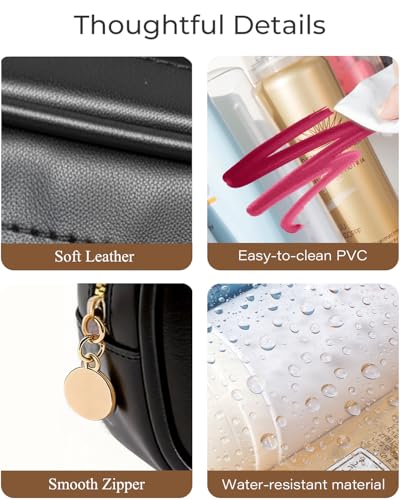 2Pcs Clear Makeup Bags Set, Clear Travel Makeup Brush Holder Leather Makeup Case Toiletry Bag with Zipper Portable Cosmetic Pouch Waterproof Makeup Brush Storage Bag Car Bag for Essentials - color: 2Pcs Black